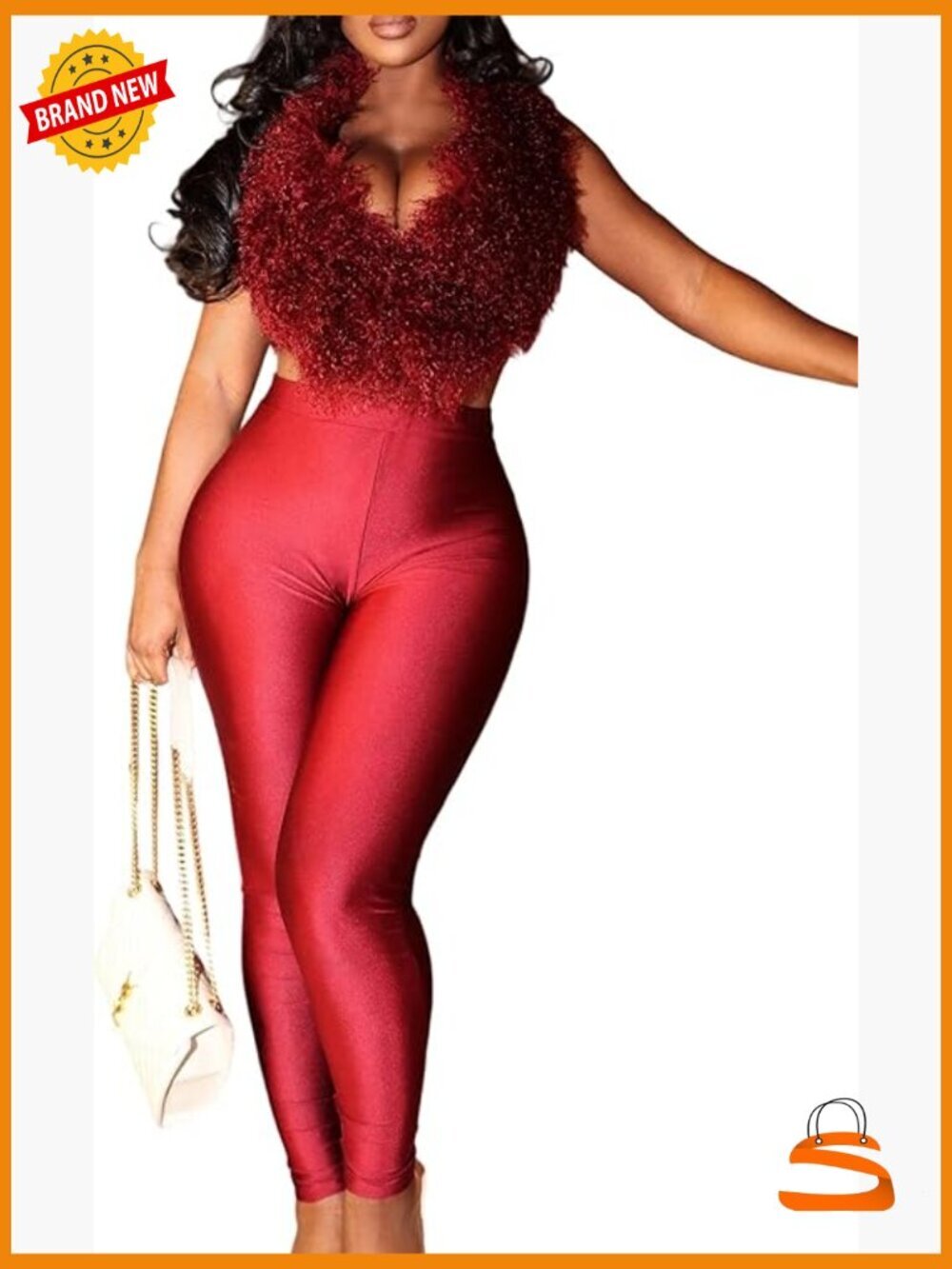 Satin Bodycon Pants Set - Furry Sleeveless Backless Top & Pants Two Piece